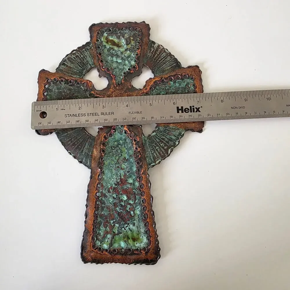 Vintage R. Downey Copper Enamel Celtic Wall Cross Green Patina Mid Century